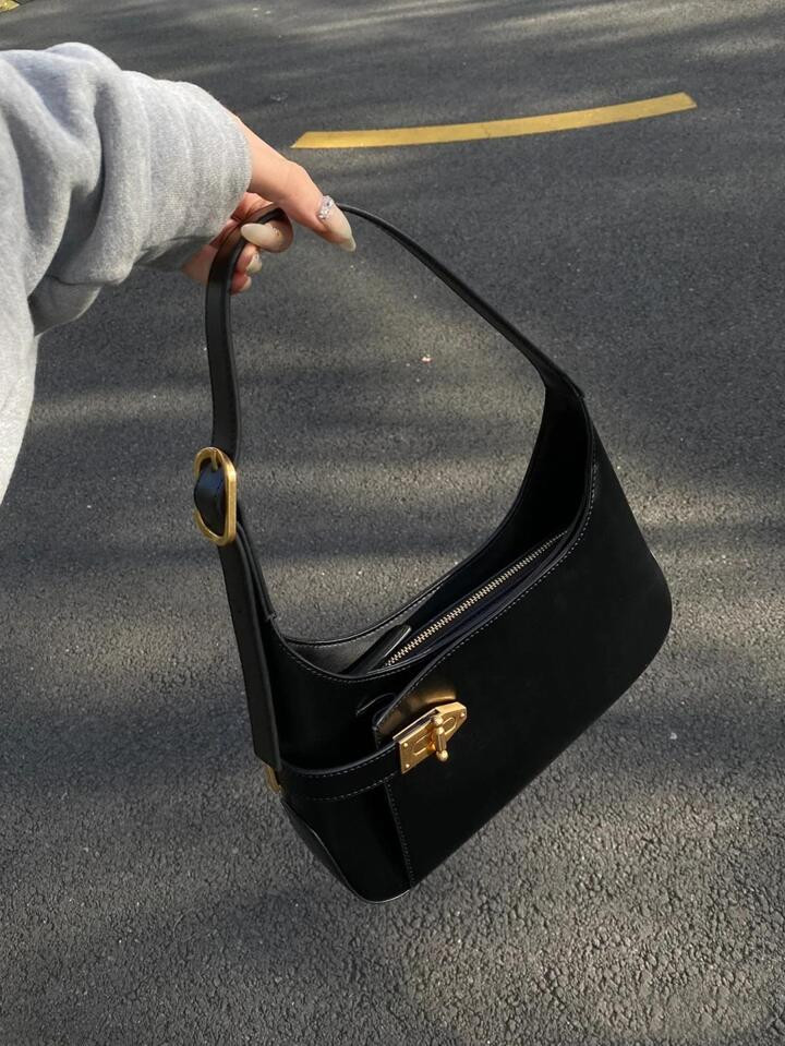 Medium Hobo Bag Black Buckle Decor Fashionable | SHEIN