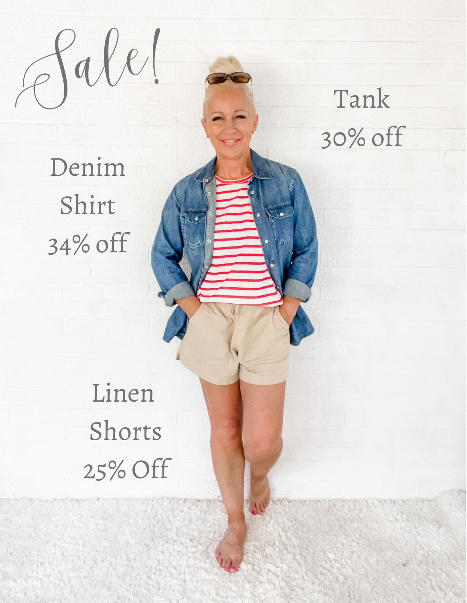 Summer casual outfit is ON SALE!
- Denim Shirt 34% off
- Striped Tank 30% off
- Linen Shorts 25% off
- Bare-feet FREE 😆👣

#LTKsalealert #LTKSeasonal #LTKFind