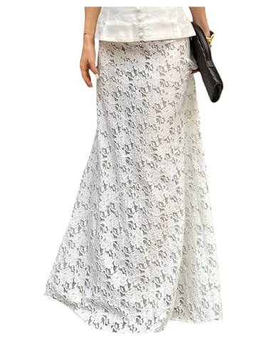 MakeMeChic Women's Floral Lace Mesh Sheer High Waist Flowy Maxi Skirt | Amazon (US)