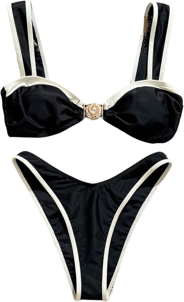 Floerns Women's Elegant High Cut Bikini Sets Cheeky Thong Brazilian Two Piece Bathing Suit | Amazon (US)