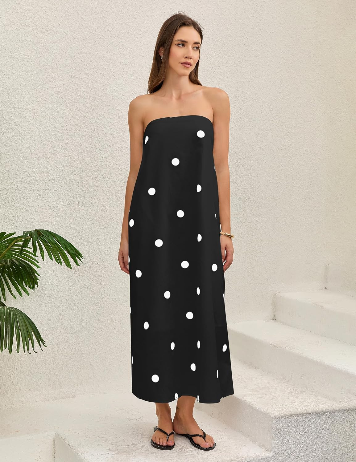 Women Polka Dot Strapless Maxi Dress Summer Flowy A Line Ruffle Backless Off Shoulder Long Tube Dress | Amazon (US)