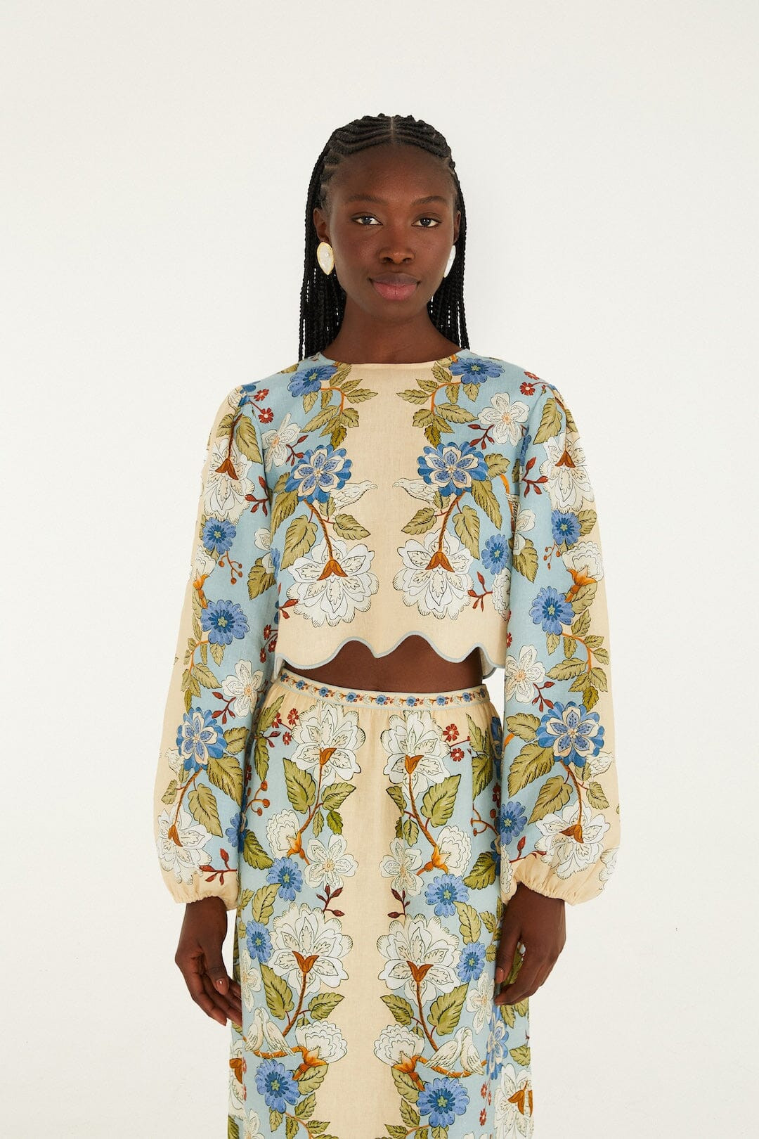 Green Garden Scarf Euroflax Premium Linen Blouse, GARDEN SCARF BLUE / L | FarmRio (US)