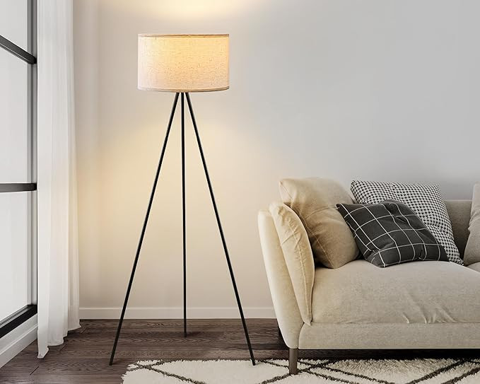 Tripod Floor Lamp, Black Modern Mid Century Standing Lamp Tripod Floor Lamps with Flaxen Drum Sha... | Amazon (US)