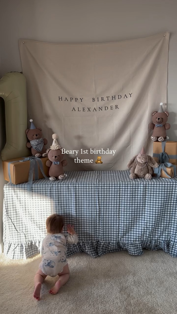 Save + screenshot this list 🧸 Everything I used for my son’s first birthday party linked in my LTK in bio 🤎 Here’s the full list:
Happy Birthday custom sign @sallymariestudio 
Tablecloth @amazon 
Bears @livingtextilesco 
Teddy bear hats @amazon 
#1 teddy bear hat @amazon 
Custom name bib @magillclothing 
Personalized rabbit teddy bear @jellycat 
Wrapping paper @hobbylobby 
Ribbon for presents and bear jars @amazon 
One balloon @amazon 
Bear jars @amazon with @haribousa gummies 
Favor tags @amazon 
Frames @burlingtondeals 
Candles @michaelsstores 
One candle @marthastewartworld 
One high chair banner @amazon 
Big teddy bear @walmart 
Balloons (full arch kit) @amazon 
Signs made on @canva with @zazzle design 
Baseballs @dickssportinggoods 
One tray @hobbylobby 
Bear cupcake toppers @hobbylobby 
Flowers @wegmans 
Sandwiches + sushi @wegmans 
Kid’s food @chickfila