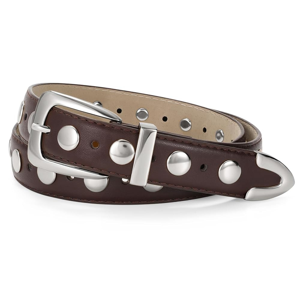 JASGOOD Women Leather Belt Fashion Studded Belt Ladies Punk Belt Gold Buckle Vintage Leather Belt... | Amazon (UK)