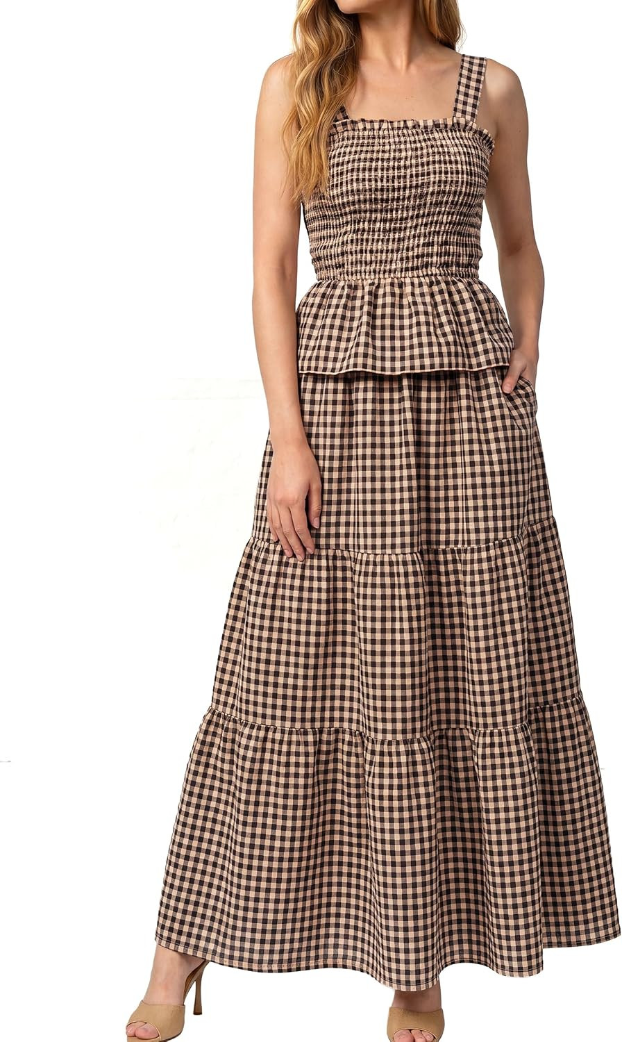 Glamaker Womens 2 Piece Skirt Sets Summer Gingham Plaid Tank Tops Maxi Skirt Casual Travel Vacation Outfit with Pocket | Amazon (US)