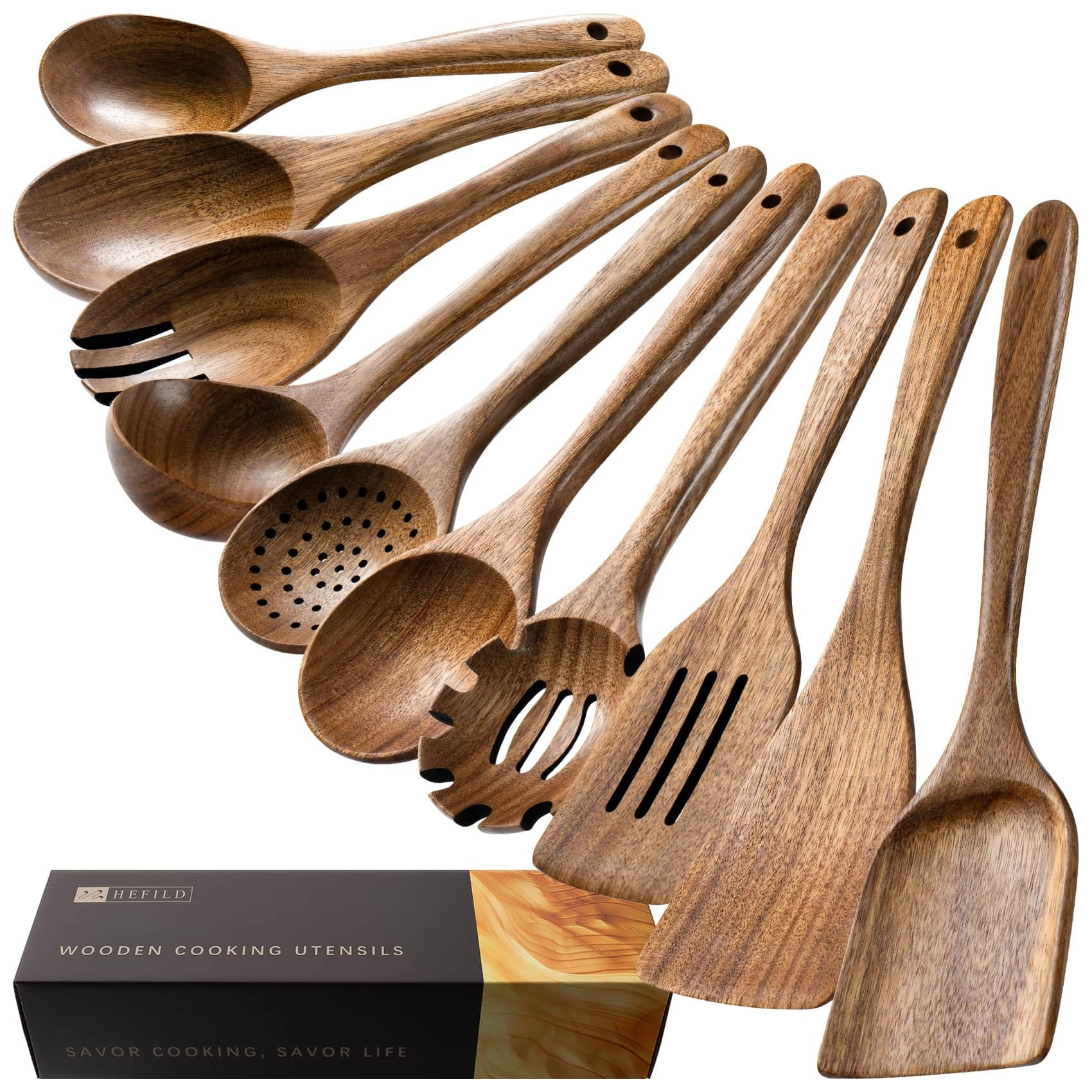 Wooden Spoons for Cooking, Nonstick Cooking Utensil Set with 10 Piece Acacia Wooden Spatulas and ... | Amazon (US)