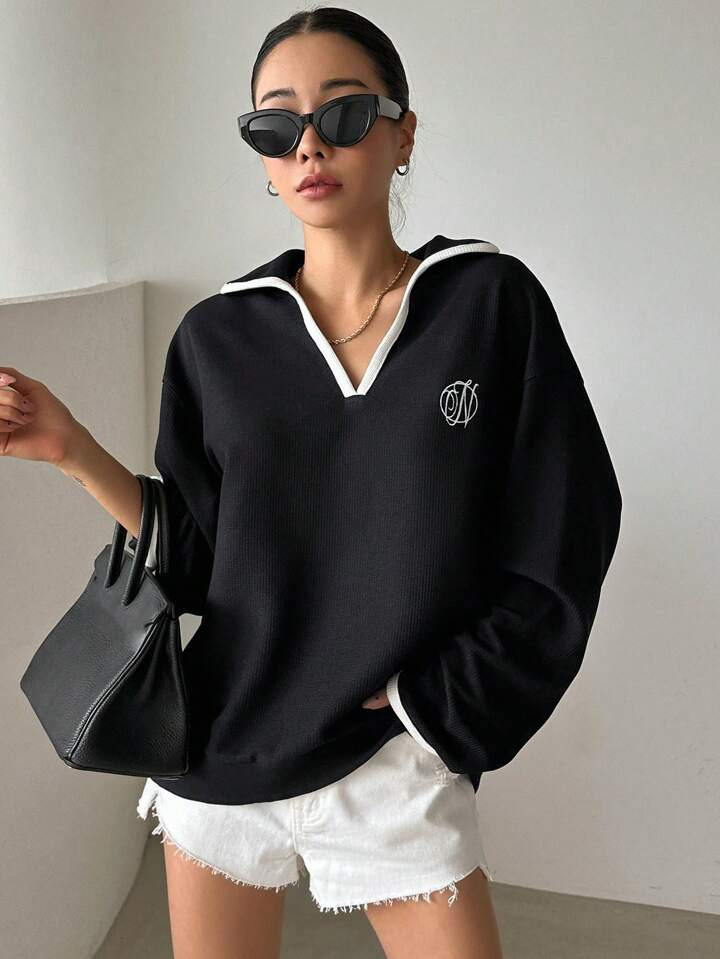 DAZY Letter Embroidery Contrast Trim Drop Shoulder Sweatshirt | SHEIN