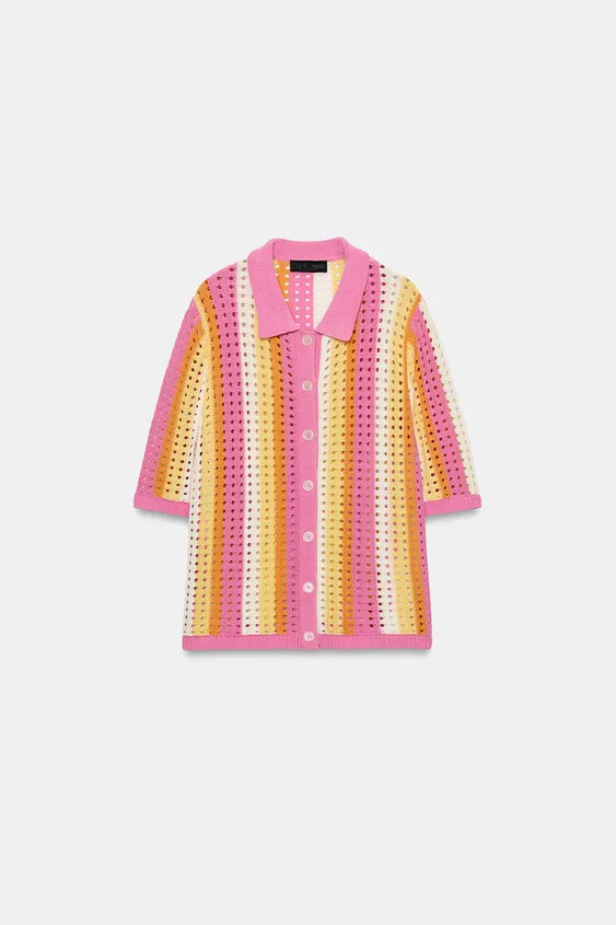 STRIPED OPENWORK KNIT POLO JACKET | Zara US