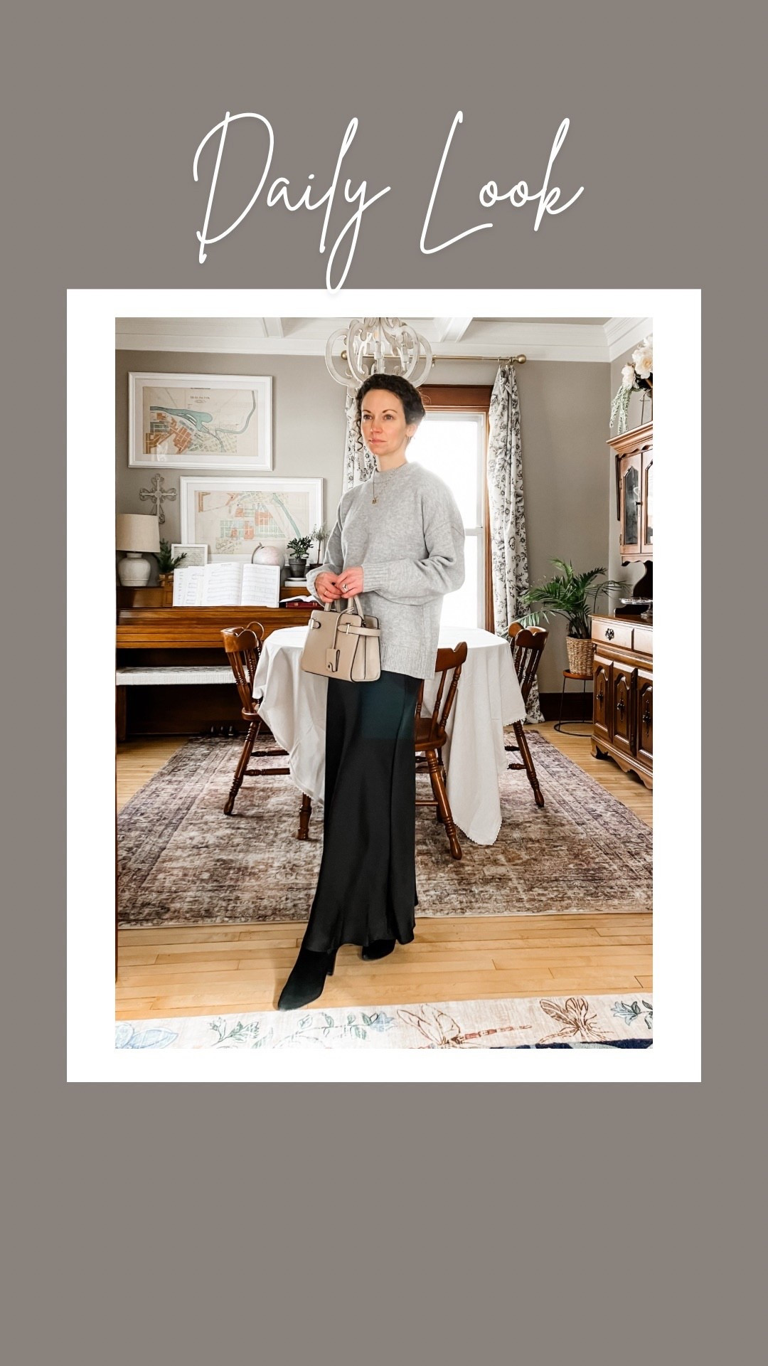 An elegant neutral winter outfit!
Wearing an old grey wool sweater, linking similar. 
Black satin skirt is from Amazon. 
Black suede boots from Blondo, mine are old, linking similar. 
Customized gold and diamond necklace from Oak and Luna  
Neutral leather handbag from Le Tanneur. 
Petite outfit. Modest outfit. Classic outfit. Neutral outfit  

#LTKgrwm #LTKdayinmylife #LTKOver40