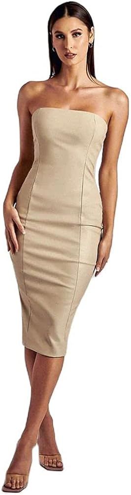 XLLAIS Women Strapless Tube Top Midi Dress Off Shoulder Bodycon Sexy Party Faux Leather Dress | Amazon (US)