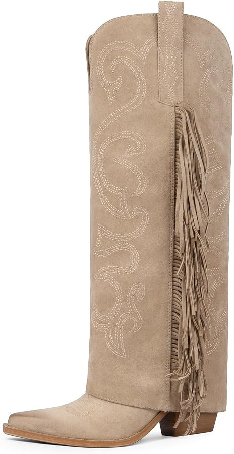 Women's Knee High Cowboy Boots Cowgirl Fold Over Fringe Boots for Women Western Embroidery Pointy... | Amazon (US)