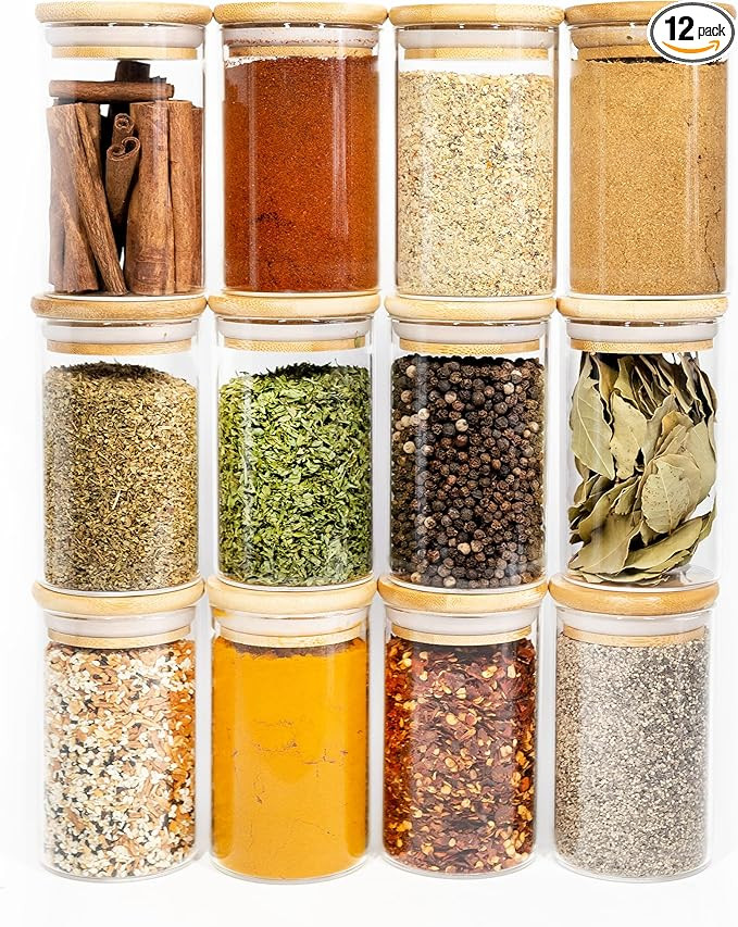 12 Natural Bamboo Spice Jars 8.5 OZ - Large Glass Jars with Bamboo Lids - Seasoning Jars with Air... | Amazon (US)