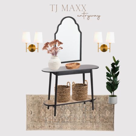 Tj maxxnfinds for the entryway, black arched mirror, black and rattan console table, gold sconce lighting, white stone vase, wooden bowl, baskets 

#LTKhome #LTKunder50