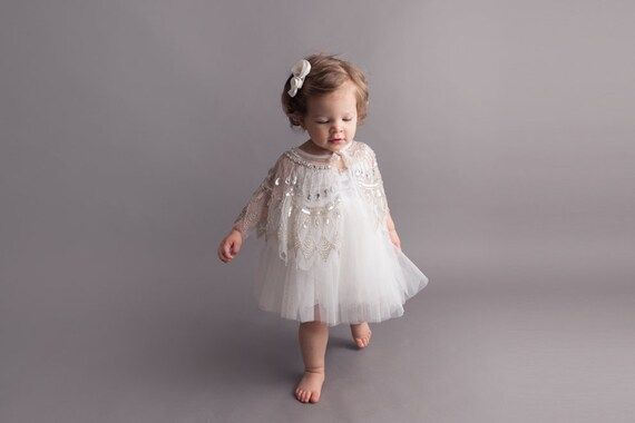 Girls Sequin Flower Girl Dress, Boho Capelet, Boho Christening Gown, Toddler Flower Girl Dress | Etsy (US)