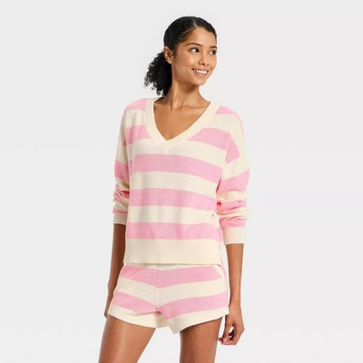 Women's Striped V-Neck Sweater Top - JoyLab Light Pink/Cream Stripe XS | eBay US