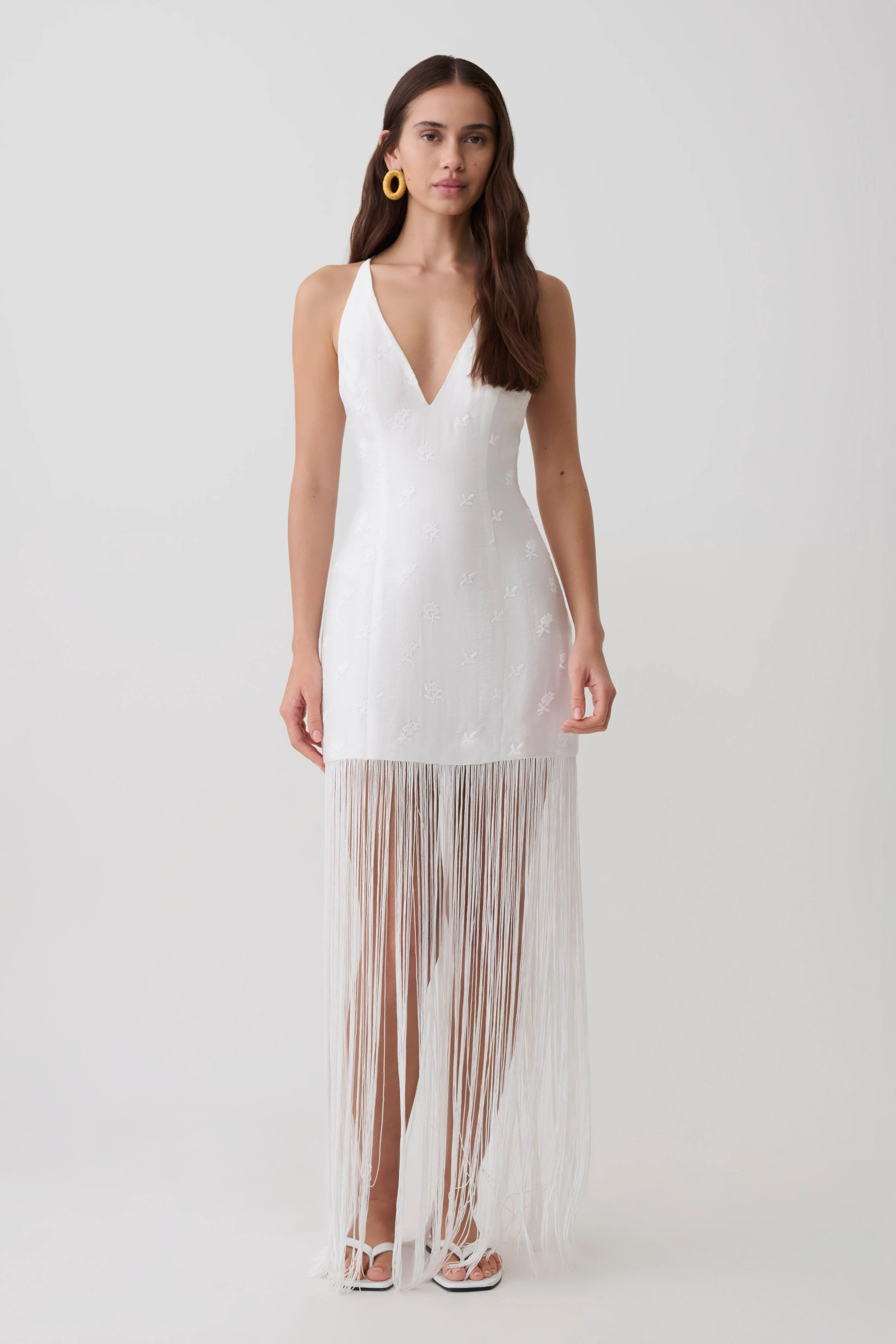 Abigail V Neck Fringe Maxi Dress - White | MESHKI US