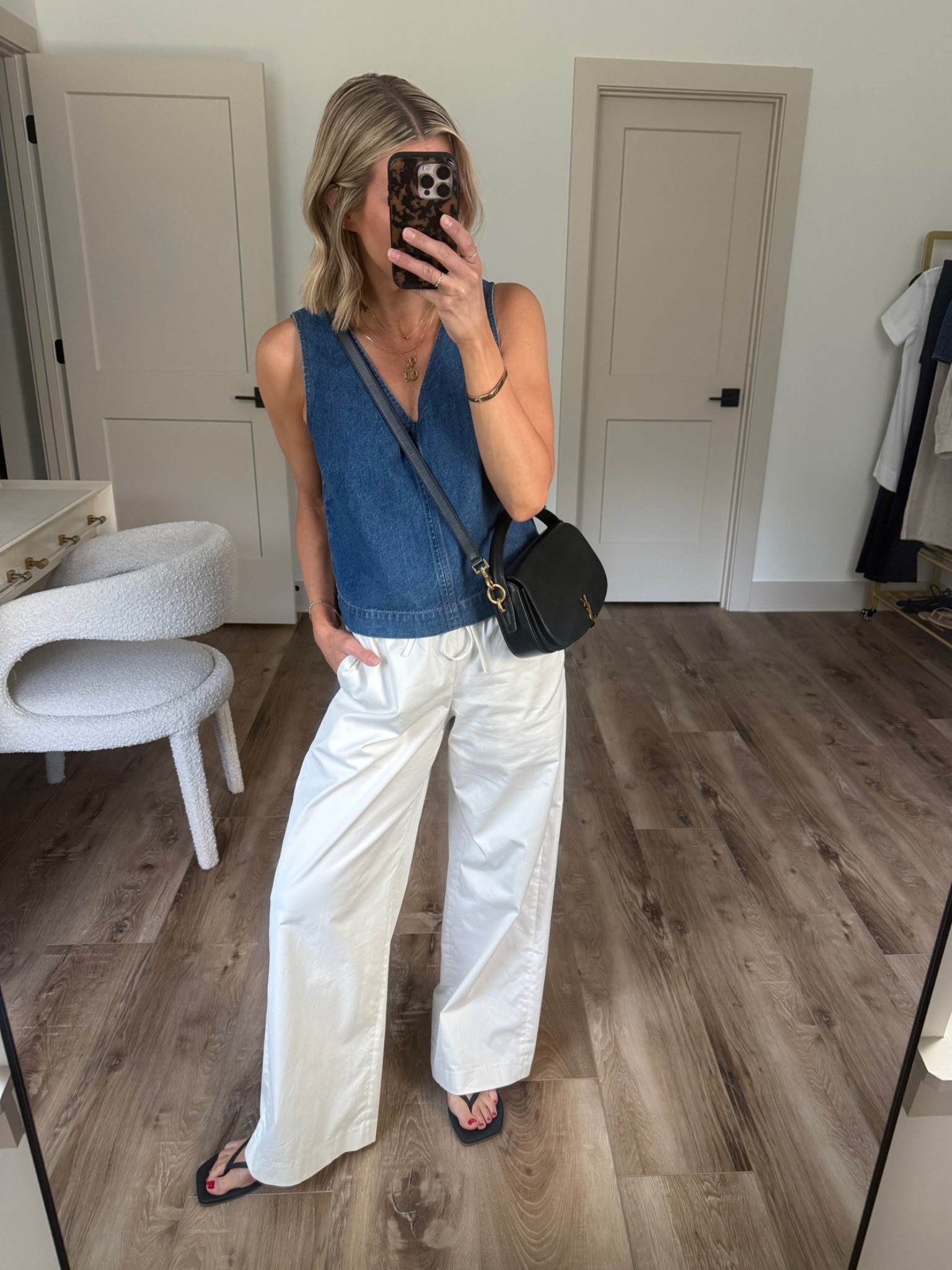 Wearing small chino pants, small denim top, sandals tts