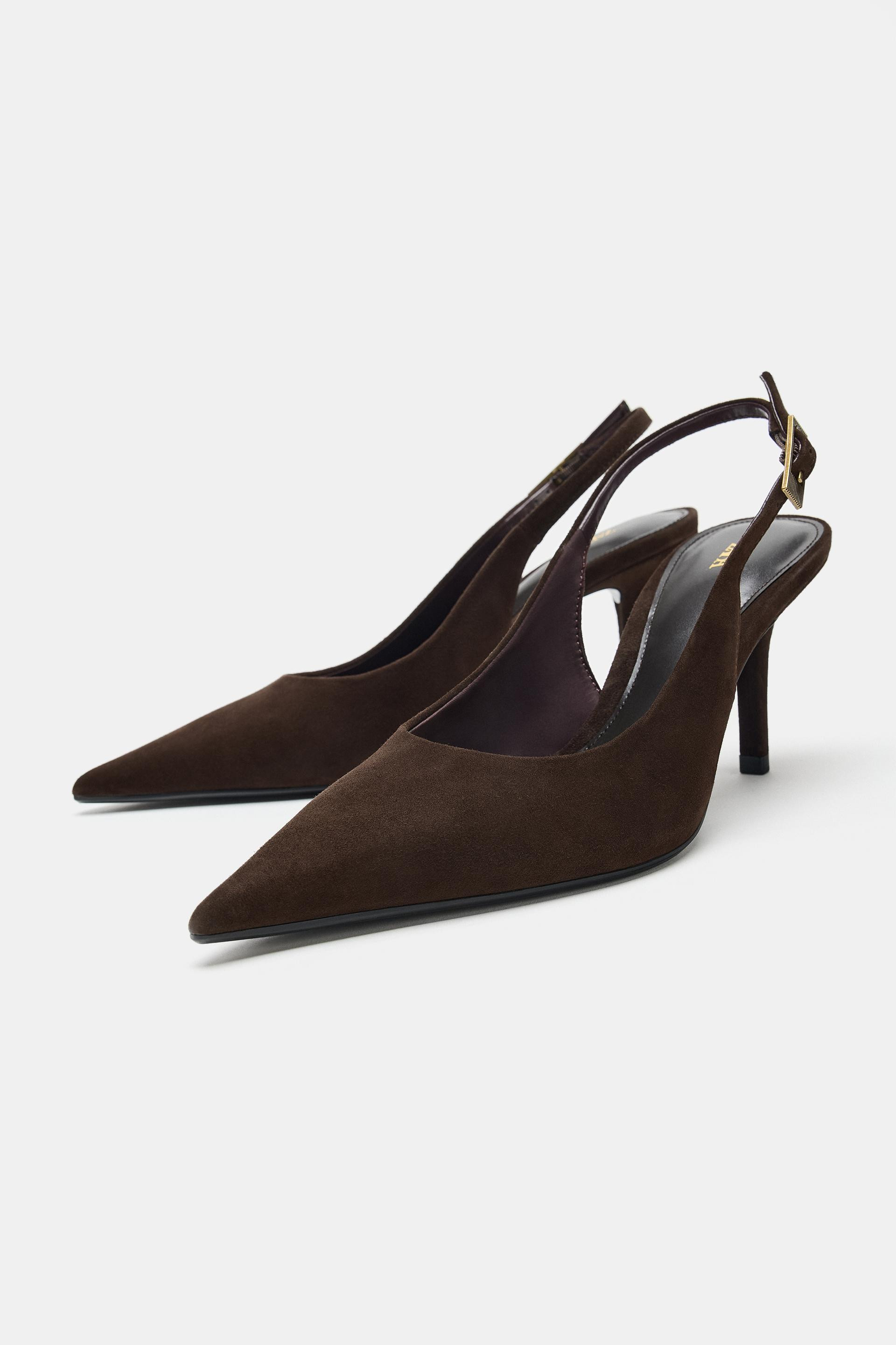 Zara - Suede Buckle High-Heel Shoes - Chocolate Brown - 7½ - Woman | Zara US