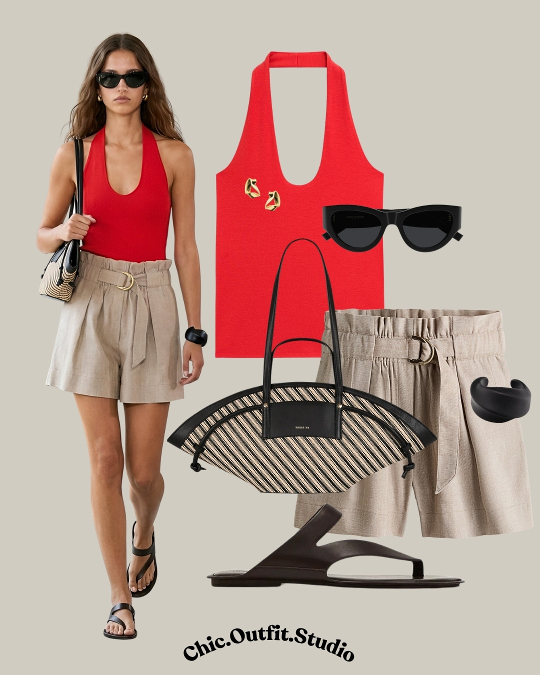 
✨ Found my new favorite summer outfit formula. This striking red halter top paired with tailored taupe paperbag shorts creates such an effortlessly chic silhouette. The structural Riviere Paris64 bag is the standout accessory that makes the whole look feel special for seaside dinners or city strolls. 
✨Tags: red halter top outfit, taupe shorts high waisted, taupe paperbag shorts outfit, woven bag summer, brown flat leather sandals, chic european summer style, resort wear outfit ideas, elevated casual summer look, vibrant red and neutral outfit, minimalist summer fashion basics, summer vacation outfit inspiration, quiet luxury resort wear, sophisticated warm weather style, unique woven handbag accessories 

 #LTKsummer #LTKshoes #LTKbag