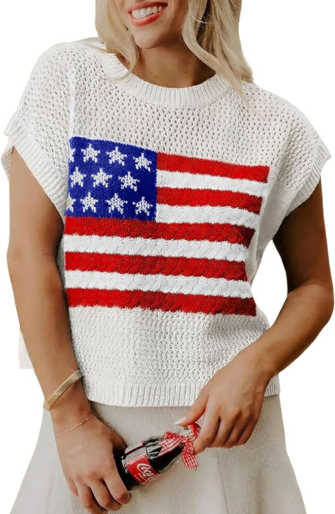 SELINK Womens Summer Crochet Tops Hollow Out Cap Sleeve American Flag Crew Neck Graphic Pullover ... | Amazon (US)