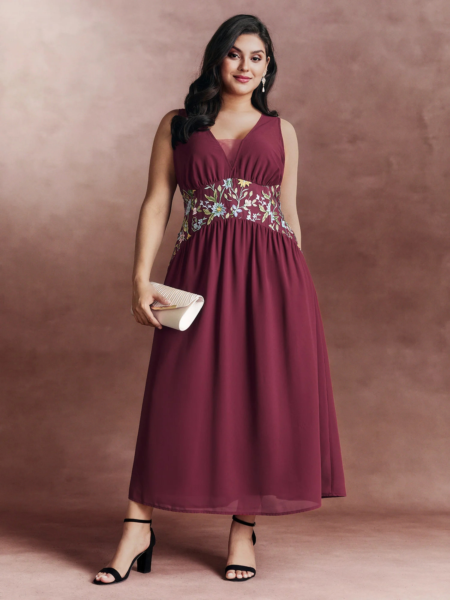 Floral Embroidered V-Neck Sleeveless Maxi Dress | Bloomchic