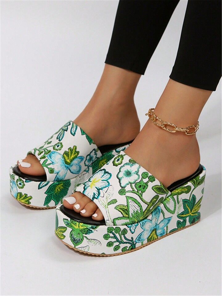 Women's Floral Print Wedge Heel High Platform Sandals With Ankle Strap, Large Size | SHEIN