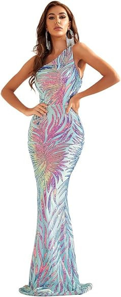 Giffniseti Women's One Shoulder Holographic Sequin Dresses Evening Gown Formal Prom Maxi Dress | Amazon (US)