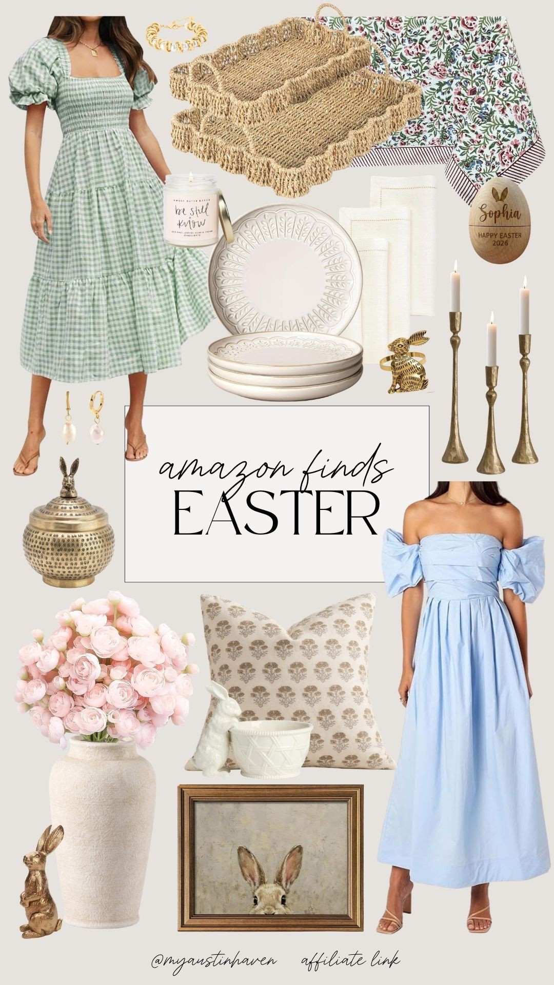 Easter Amazon finds for spring hosting, table decor and beautiful dresses. 🐇🌷

Amazon easter decor, easter hosting ideas, spring table decor, bunny decor accents, easter table setting, floral spring dress, gingham spring dress, easter outfit ideas, church dress, brunch, spring style, neutral home decor, woven baskets, brass candle holders, spring entertaining, easter centerpiece, floral pillow cover, spring home styling, affordable finds. 

 

#LTKHome #LTKSeasonal
