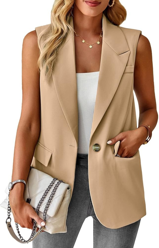 Women's Sleeveless Blazer Vest Casual Open Front Button Vest Lapel Office Cardigan Blazer With Po... | Amazon (US)