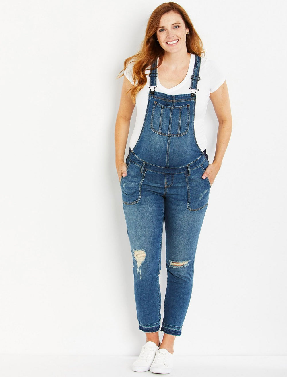 Indigo Blue Side Panel Letdown Hem Maternity Overalls | Motherhood Maternity