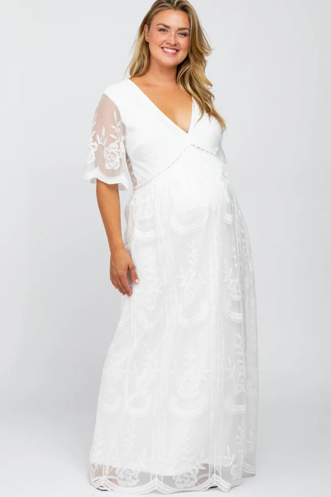 White Lace Mesh Overlay Maternity Plus Maxi Dress | PinkBlush Maternity