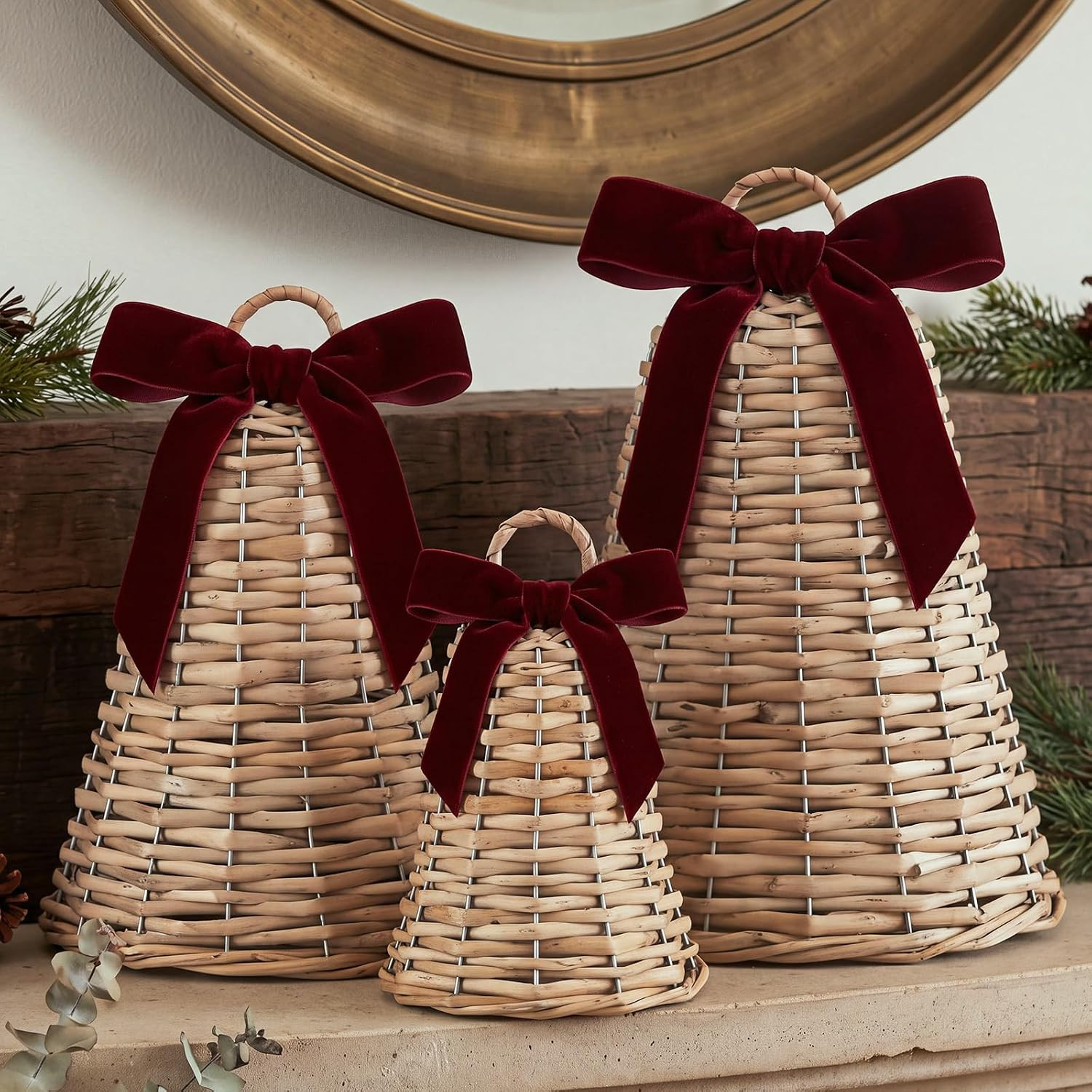 3 Sets Large Wicker Rattan Christmas Bells with Velvet Bows 11.8/9.8/5.9 in | Amazon (US)