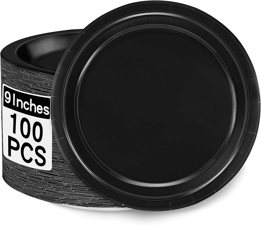 QZYL 100 PCS Disposable Plates, 9 Inches Black Paper Plates, Heavy Duty Party Plates Round Dinner... | Amazon (US)