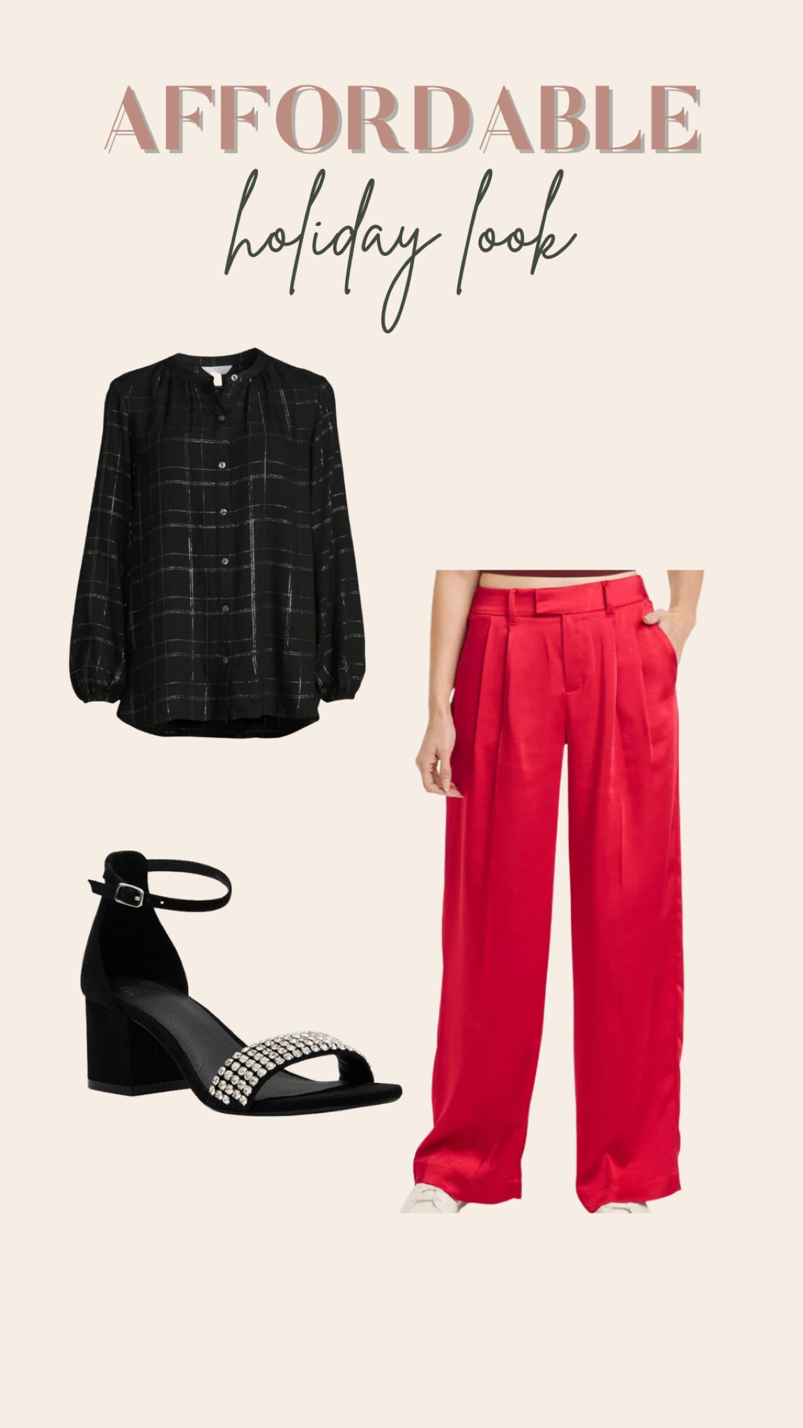 Affordable holiday fashion, Christmas, satin trouser pants, blouse, chunky heels rhinestone 

#LTKHoliday #LTKstyletip #LTKSeasonal