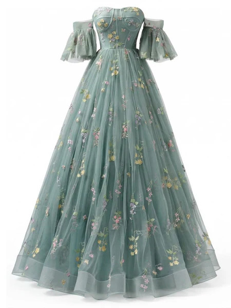 [Pre-Sale] Green 1930s Off-Shoulder Floral Embroidered Tulle Maxi Dress | Retro Stage