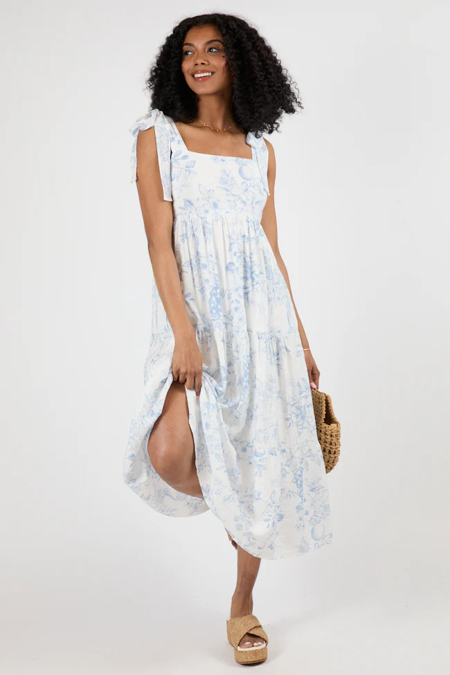 High Tide Touch Blue and Ivory Fruit Icon Printed Midi Dress | Pink Lily