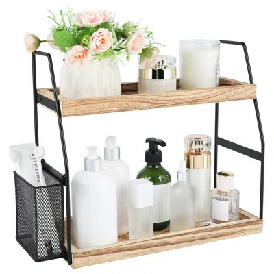 Bathroom Counter Organizer, 2-Tier Standing Storage Shelf With Basket, Wood Tray For Skincare Vanity Organizer | Wayfair North America