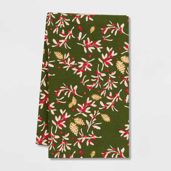 Cotton Kitchen Winter Berries Towel Green - Threshold™ | Target