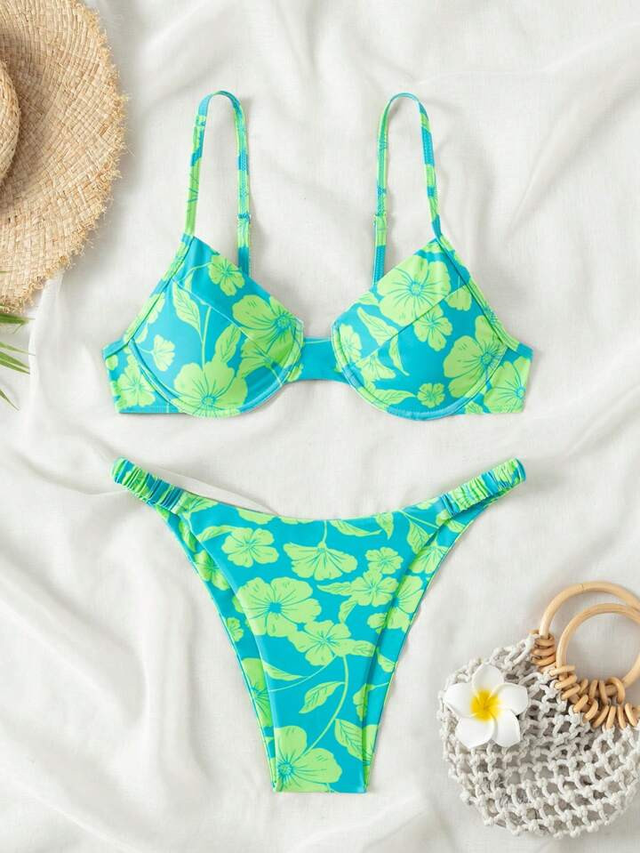 SHEIN Swim Summer Beach Floral Print V-Neck Halter Bikini Set | SHEIN