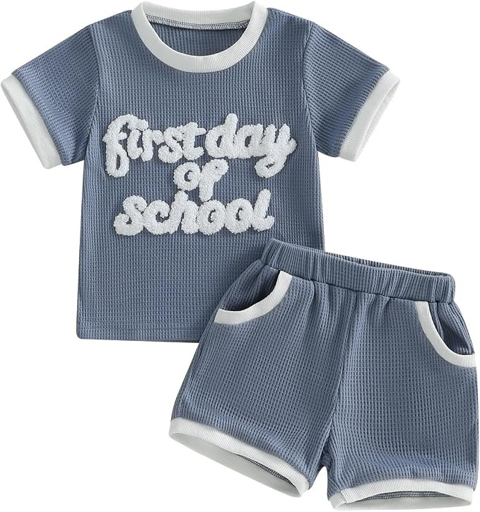 WZTYYDS Toddler Kids Boy Summer Outfit First Day of School Waffle Knit T-Shirt + Shorts Set Back ... | Amazon (US)