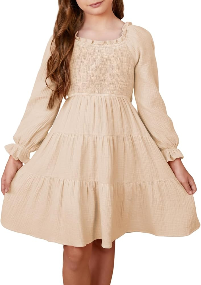 blibean Girls Cotton Long Sleeve Dresses Ruffled Boho Tiered Dress Size 6-15 Years | Amazon (US)