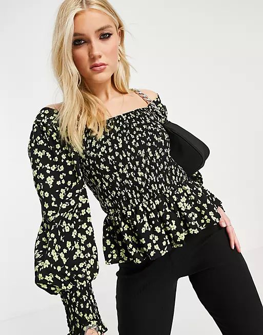 New Look shirred square neck blouse in black floral | ASOS (Global)