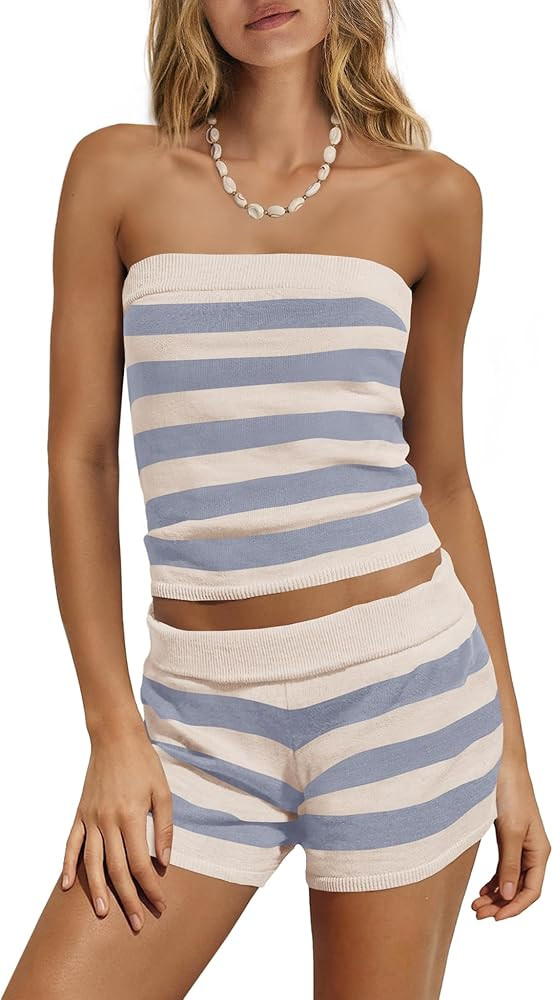 Nirovien Womens Striped Lounge Sets Strapless 2 Piece Outfits Travel Vacation Sets Cropped Tube T... | Amazon (US)