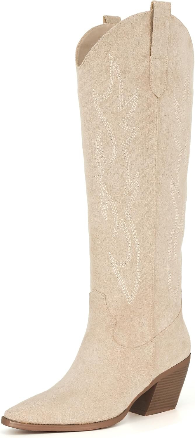 Cowgirl Boots Women Knee High Boots Pointed Toe and Block Heel Cowboy Suede and Faux Leather Boots with Embroidered | Amazon (US)