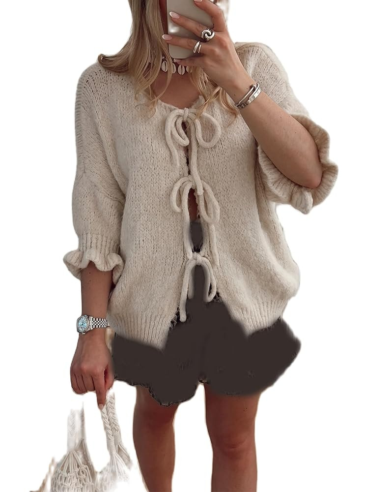 Women Tie Front Knit Cardigan Cute Ruffle 3/4 Sleeve Crew Neck Loose Bow Sweater Tops Open Front ... | Amazon (US)