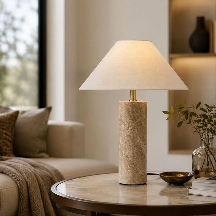 18.11" Mid Century Marble Table Lamp with Beige Linen Shade | Amazon (US)