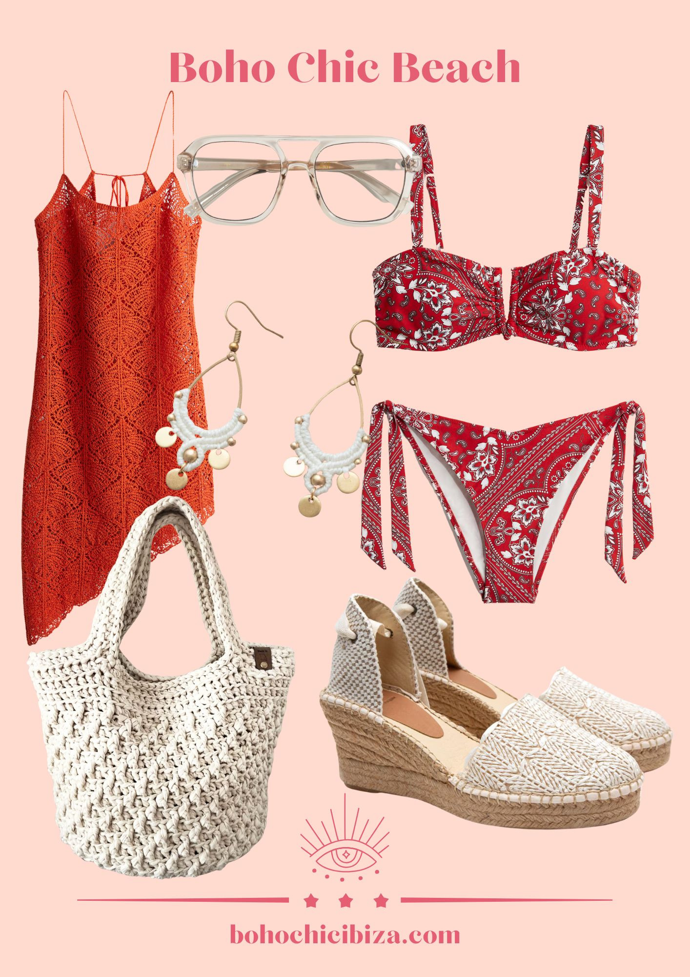 Boho Chic Beach 
- Crochet-look strappy dress
- Padded bandeau bikini top
- Tie tanga bikini bottoms
- Sunglasses
- Boho Earrings
- Boho Crochet Bag
- Lace up WEDGES ESPADRILLES 

 #LTKsummer #LTKstyletip #LTKAroundTheWorld