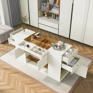 Harper & Bright Designs Cream White 6-Drawer 60.4 in. W Island Vanity Dresser with Display Cabine... | The Home Depot