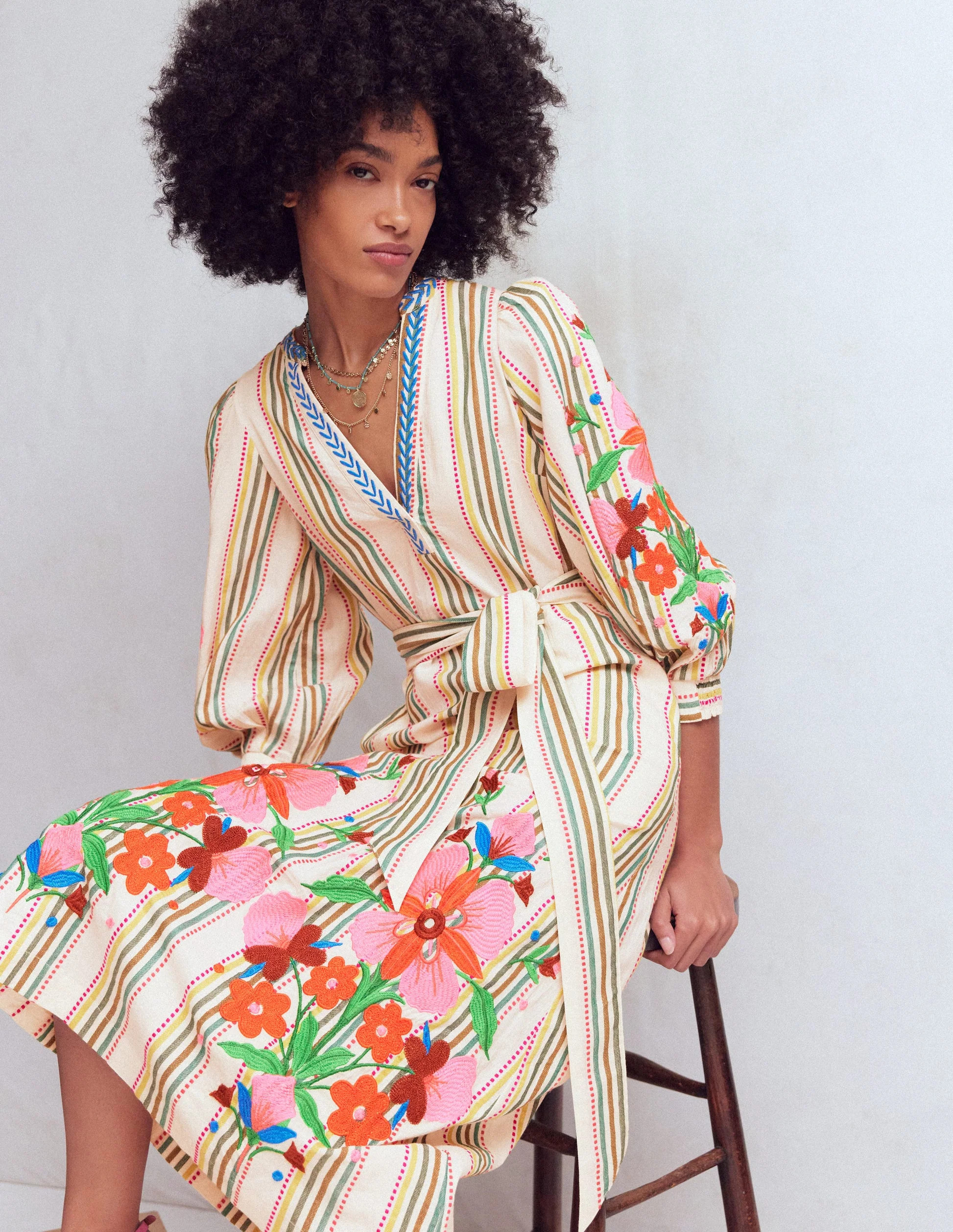 Octavia Cotton Dress-Multi Embroidery Stripe | Boden (US)